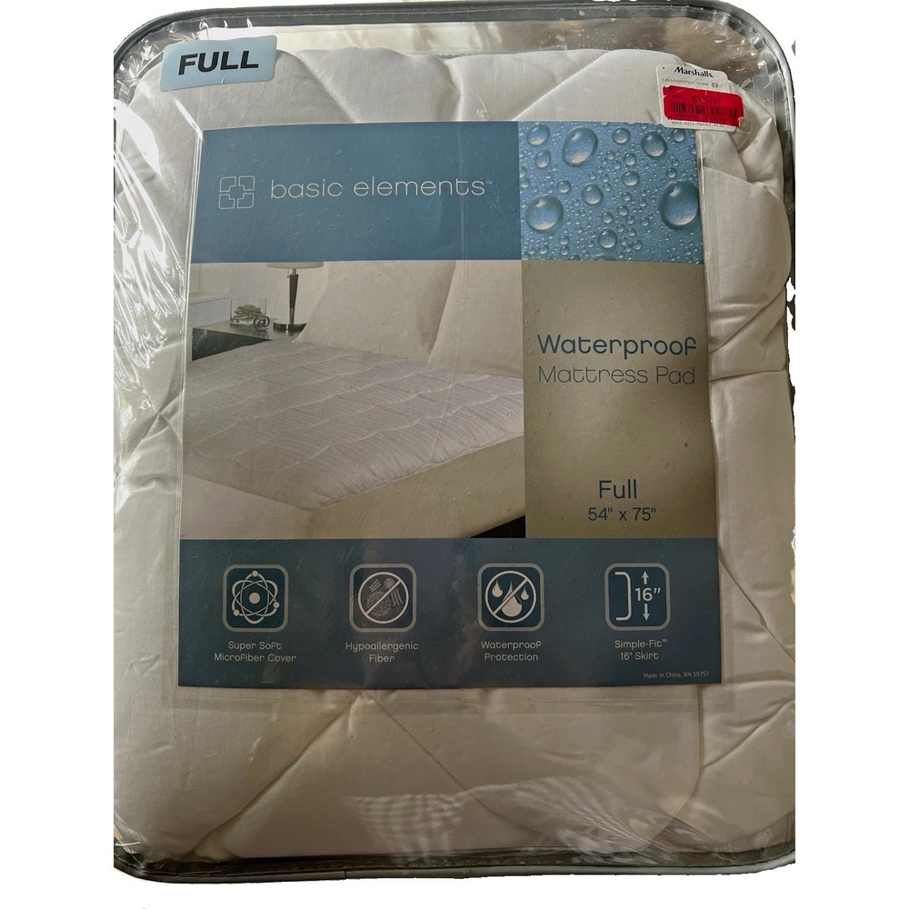 Basic Elements Waterproof Hypoallergenic Full Size Mattress Pad White 54x75